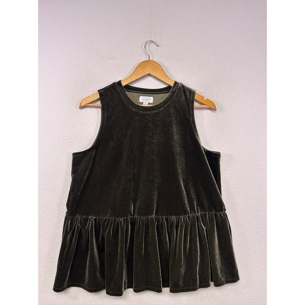 Holiday Velvet Mud Pie Womens Medium Olive Green Peplum Sleeveless Tank Top